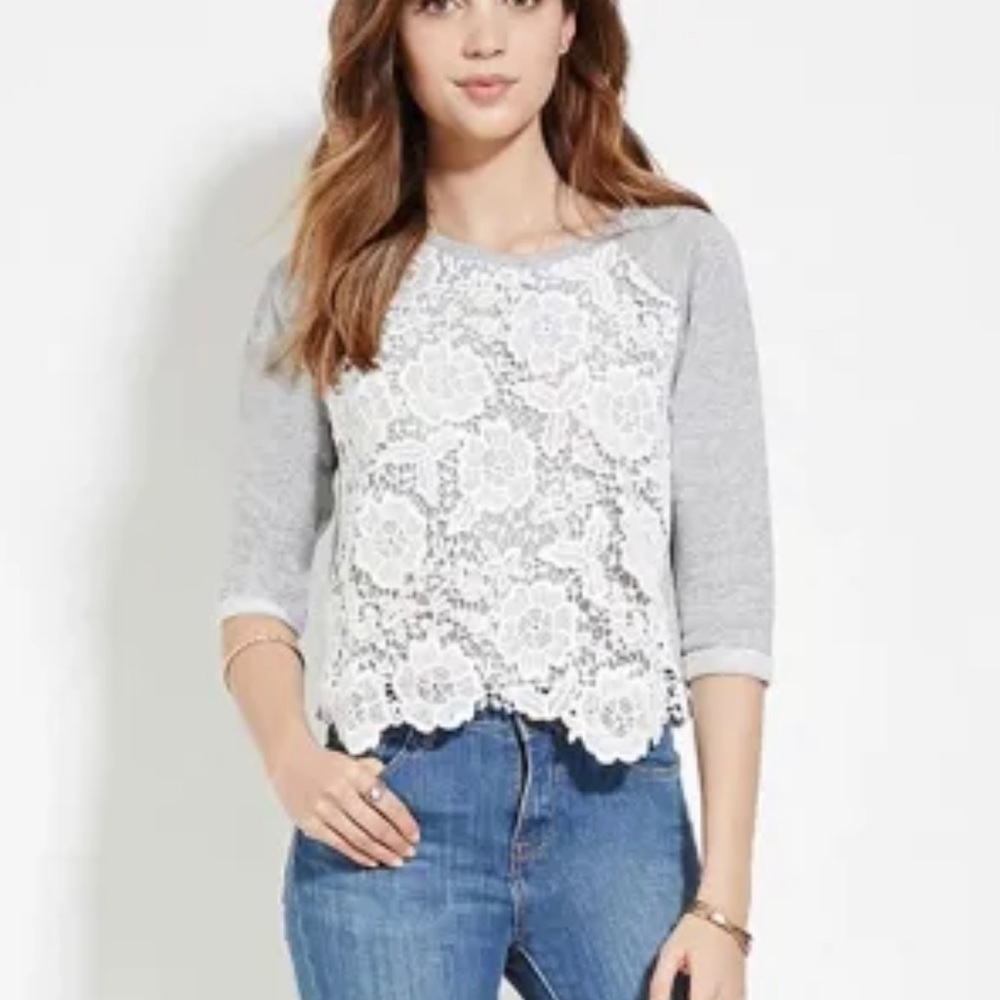 Forever 21 Grey/White Crochet Knit Crop Sweater Sweatshirt